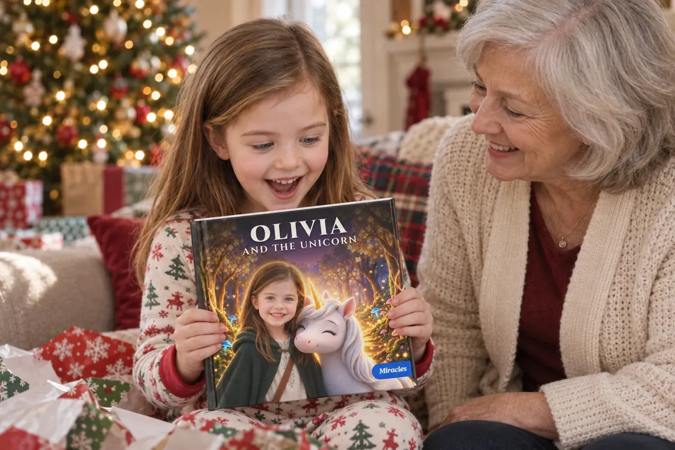 Christmas morning: a girl holds her book “Olivia and the Unicorn” and recognizes herself on the cover while her grandma watches