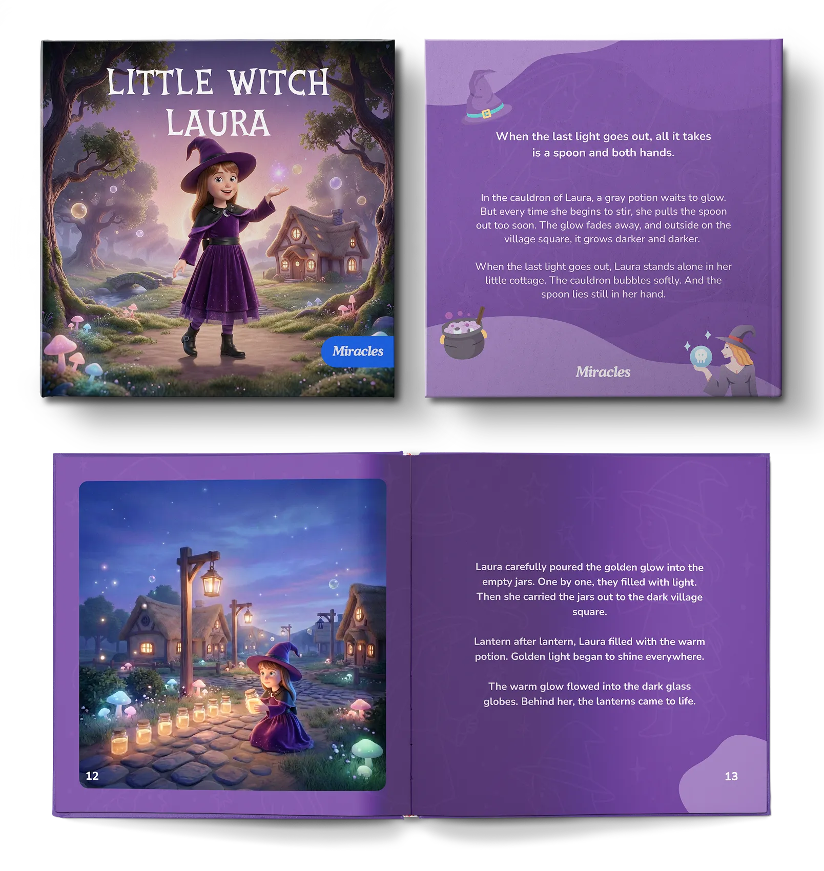 Personalized Miracles book “Little Witch Laura” — cover and two inside spreads