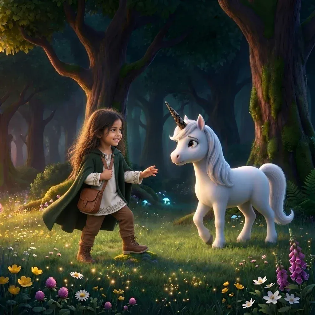An illustration from the book: the girl in a green cloak walks through a flowering meadow towards the white unicorn