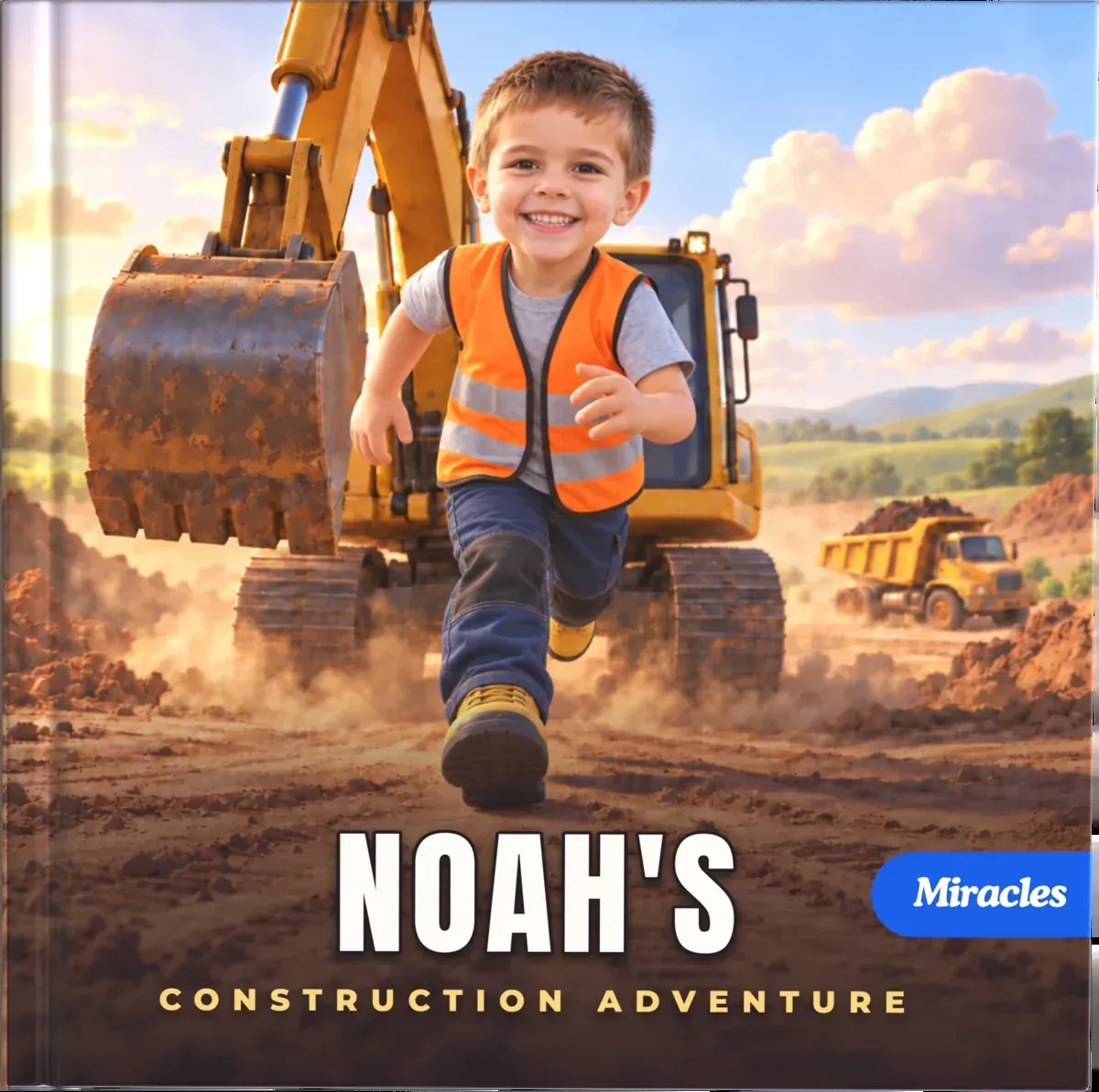 The cover of “Noah's Construction Adventure”: a smiling boy in a high-visibility vest runs toward the camera in front of a huge yellow excavator