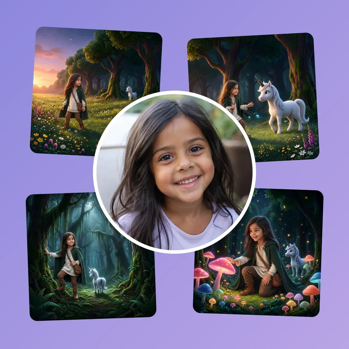 One photo of a smiling girl in the middle, surrounded by four scenes from the book where she becomes the heroine of the enchanted forest
