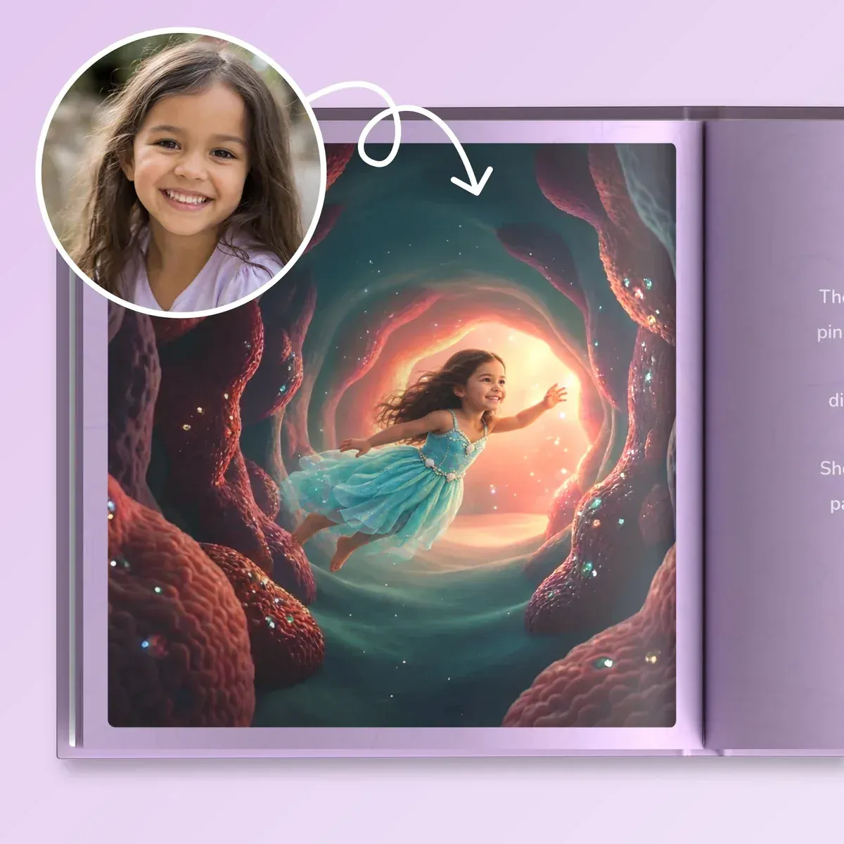 From photo to page: the girl swims toward a glowing coral cave in her mermaid book