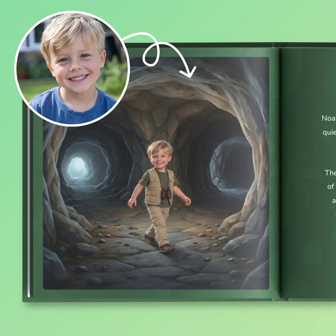 One photo of the boy becomes the hero who walks into the dark cave in his dinosaur book