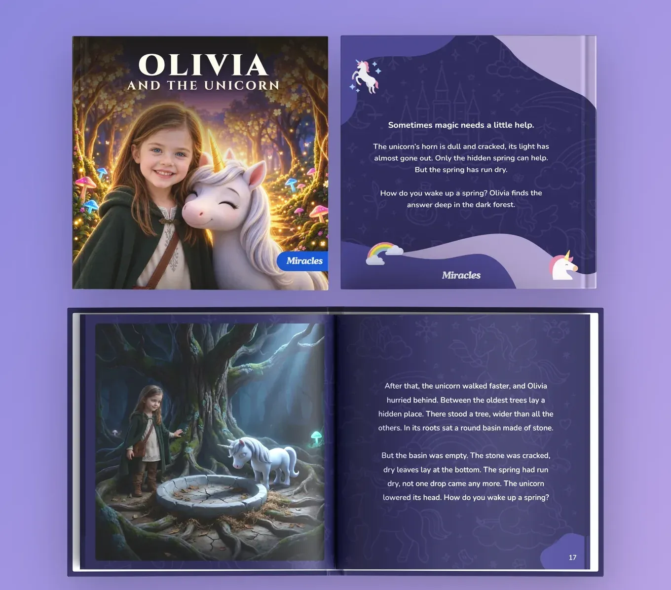 “Olivia and the Unicorn”: the cover, the story’s first page and an inside spread